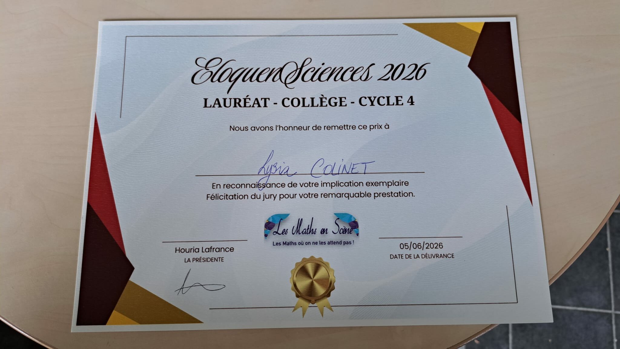 Lauréate Collège Cycle 4 - Lysia Colinet