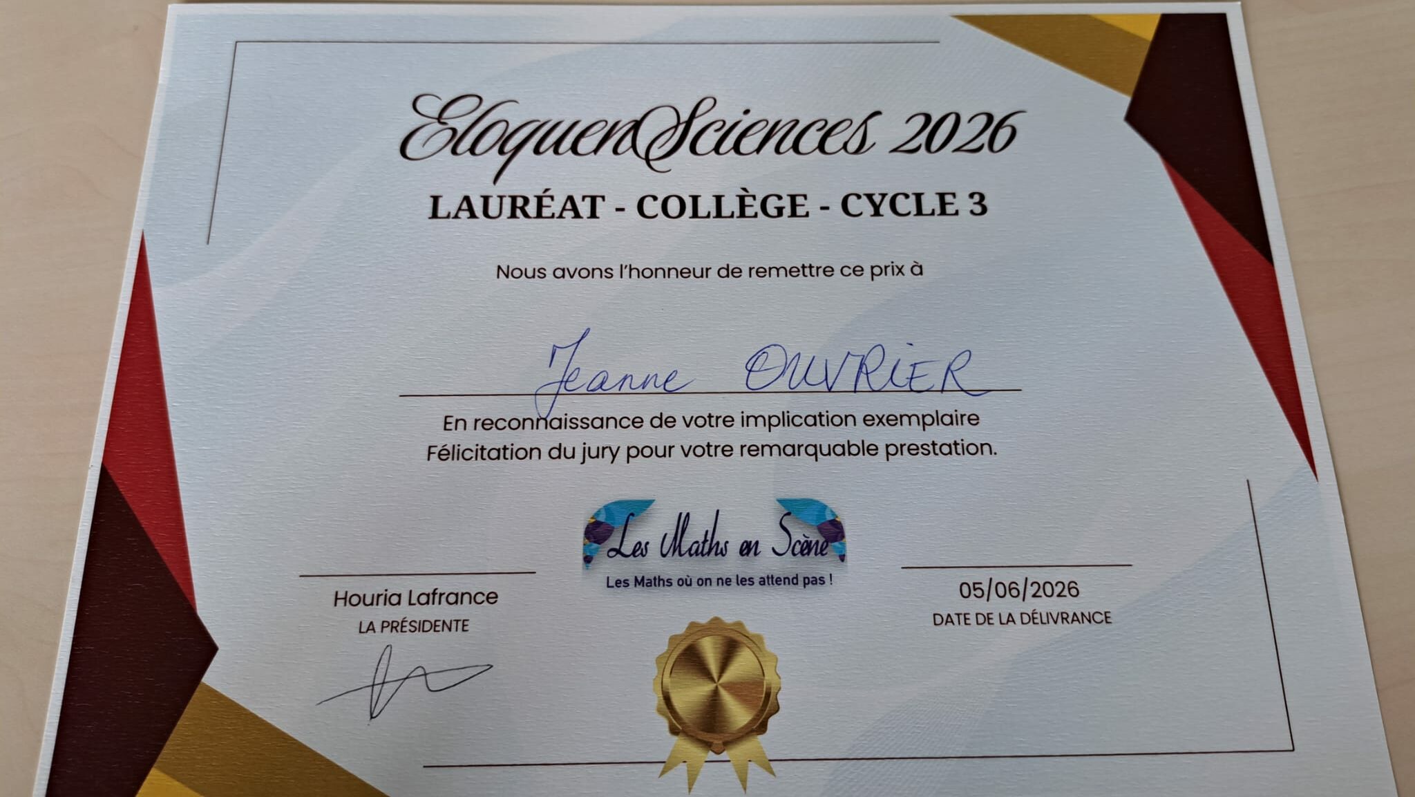 Lauréate Collège Cycle 3 - Jeanne Ouvrier